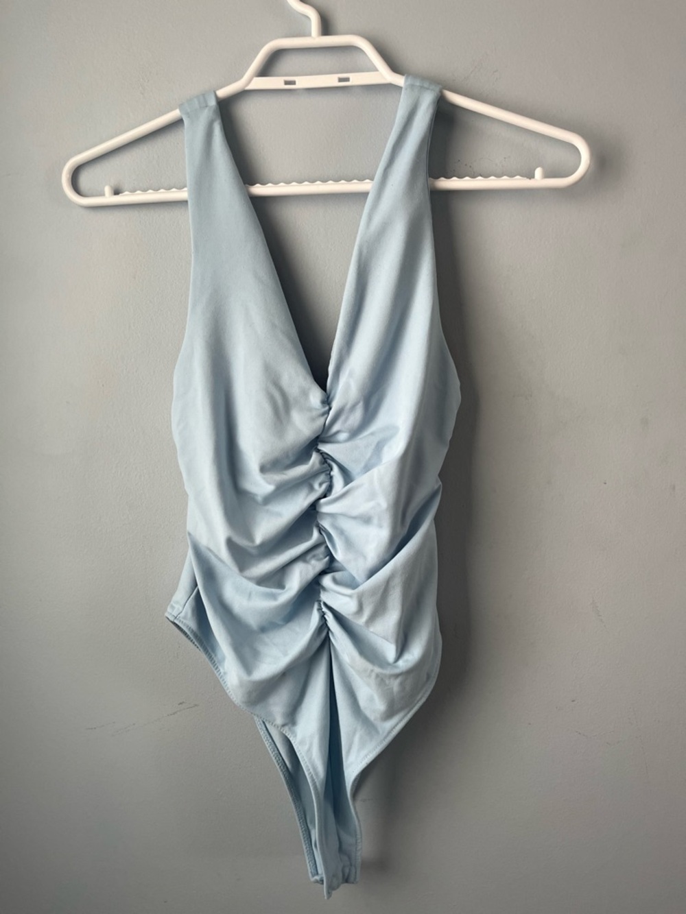 Zara Sky Blue Ruched Bodycon Stretch Bodysuit Deep V Neck Size M